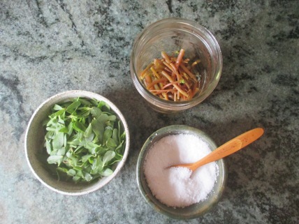 Description: purslane stems in jar with purslane leaves and salt