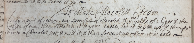 Image of chocolate cream recipe in original manuscript.